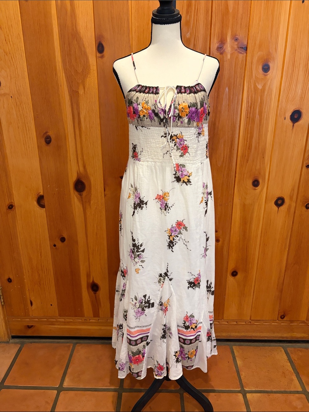 Karma Highway Floral Boho Maxi Dress One Size Smocked Bodice Tie Neck